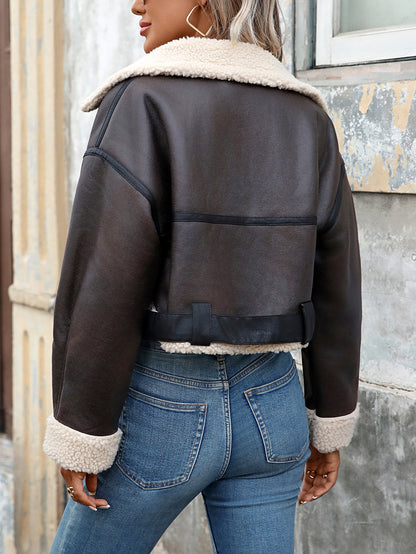 Կանացի աշուն/ձմեռ փողոցային ռետրո ոճի գոտիով, կայծակաճարմանդով, հաստ, կարճ արհեստական ​​գառան մորթուց վերարկու