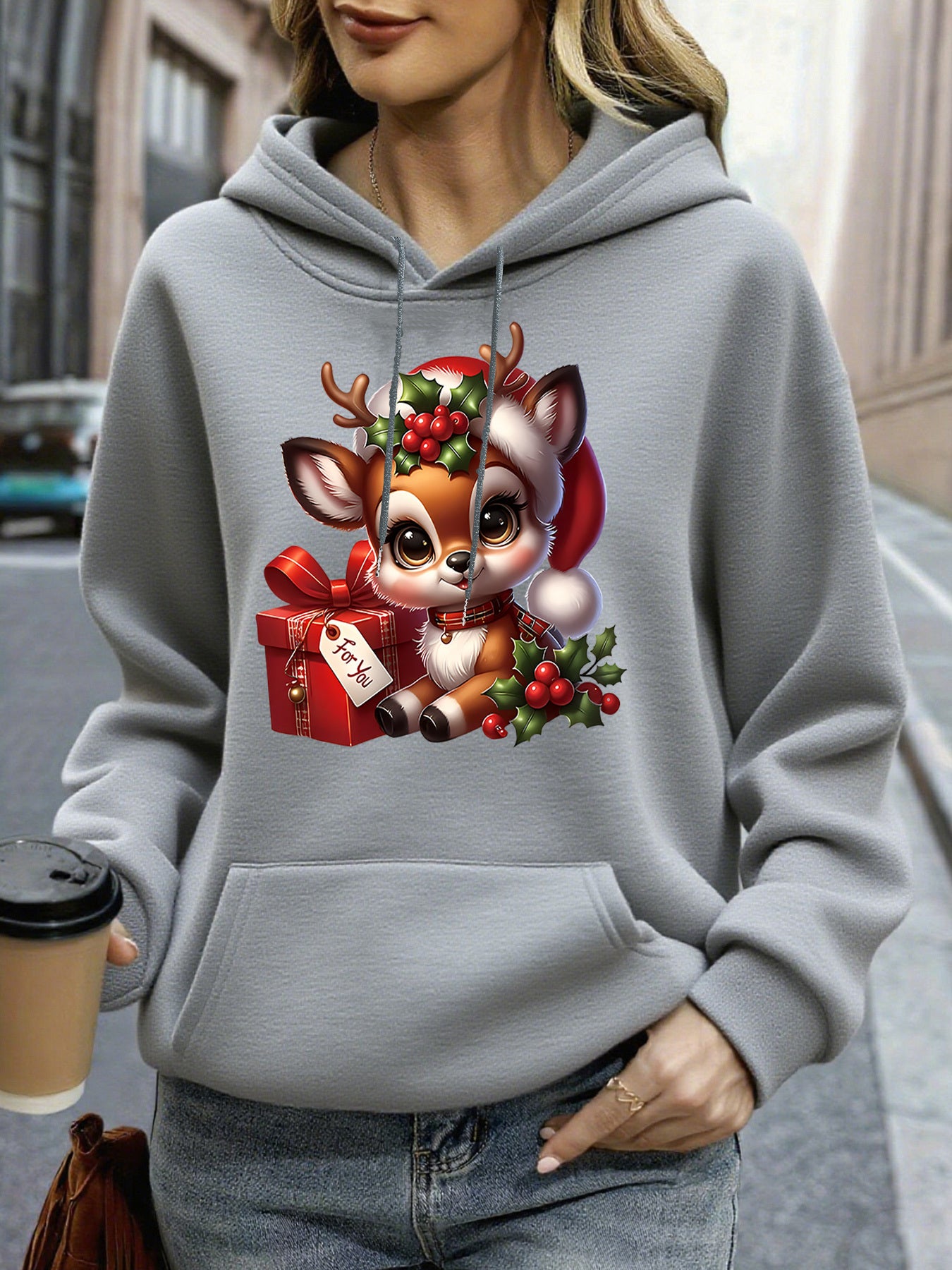 Women's Christmas Deer & Reindeer Print Hoodie - Cozy Winter Pullover Sweatshirt with Cute Deer Headband-Like Hood, Slim-Fit Casual Jacket for Holiday Parties, Xmas Outfits & Cold Weather (Machine Washable), Fall Clothes For