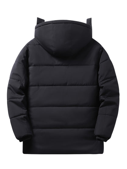 Men's Heavy-Duty Winter Hooded Jacket with Fur-Like Collar & Pockets - Navy Blue/Brown Coat, Golden-Tone Zipper Closure, -Filled Casual Outerwear for Cold Weather (Hand Wash/Dry Clean)