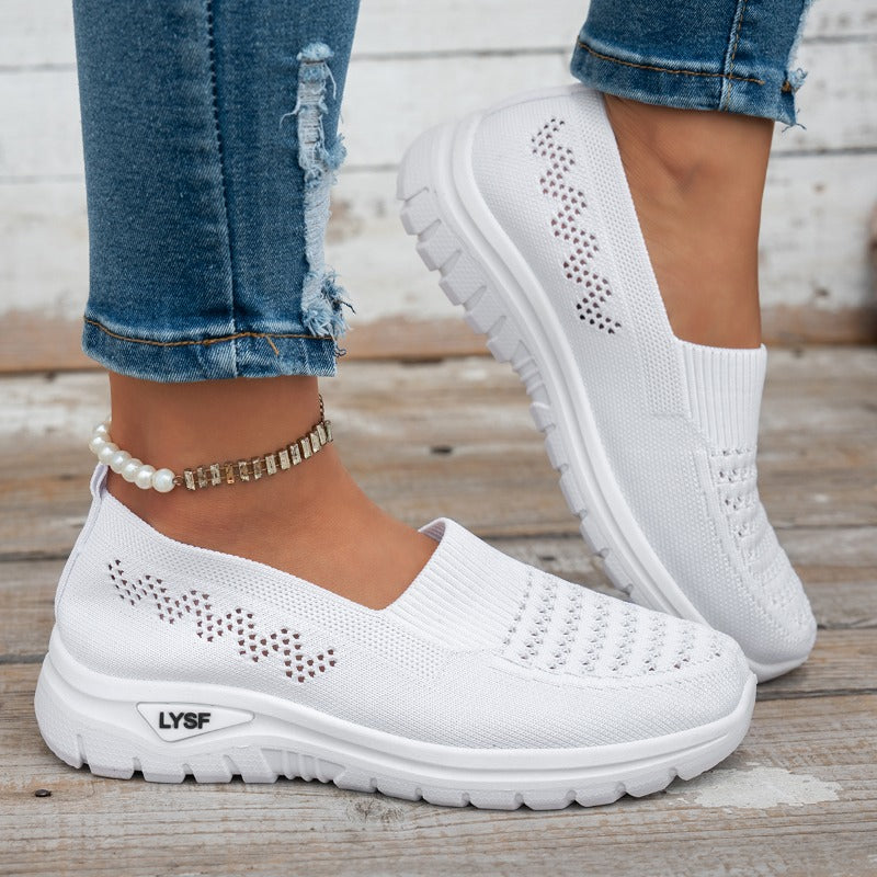 Women's Breathable White Slip-On Mesh Sneakers for Walking - ayq