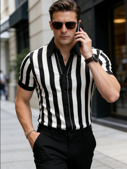 Men's Slim Fit Black & White Striped Short Sleeve Shirt
