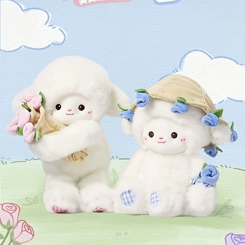 Adorable Plush Doll of a Cartoon Sheep Holding a Flower, Featuring a Fluffy Simulation Lamb Design. This Cute Kawaii Animal Plush Toy Makes a Perfect Birthday Gift