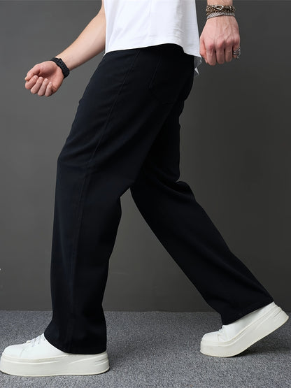 Men's Classic Black Straight-Leg Jeans - Loose Fit, Solid Color Denim, Cotton Blend, Machine Washable, All-Season Style, Streetwear Fashion|Modern Basic Jeans|Cotton Blend Denim