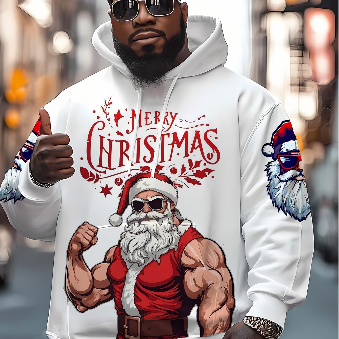 Men'S Muscle Santa Claus Hoodie - Funny Christmas Sweatshirt with Front & Back Print, Large Size Big & Tall Pullover, Gym & Party Outfit - Muscle Santa Graphic Hooded Sweatshirt for Men, Holiday Casual Wear, Playful Holiday D
