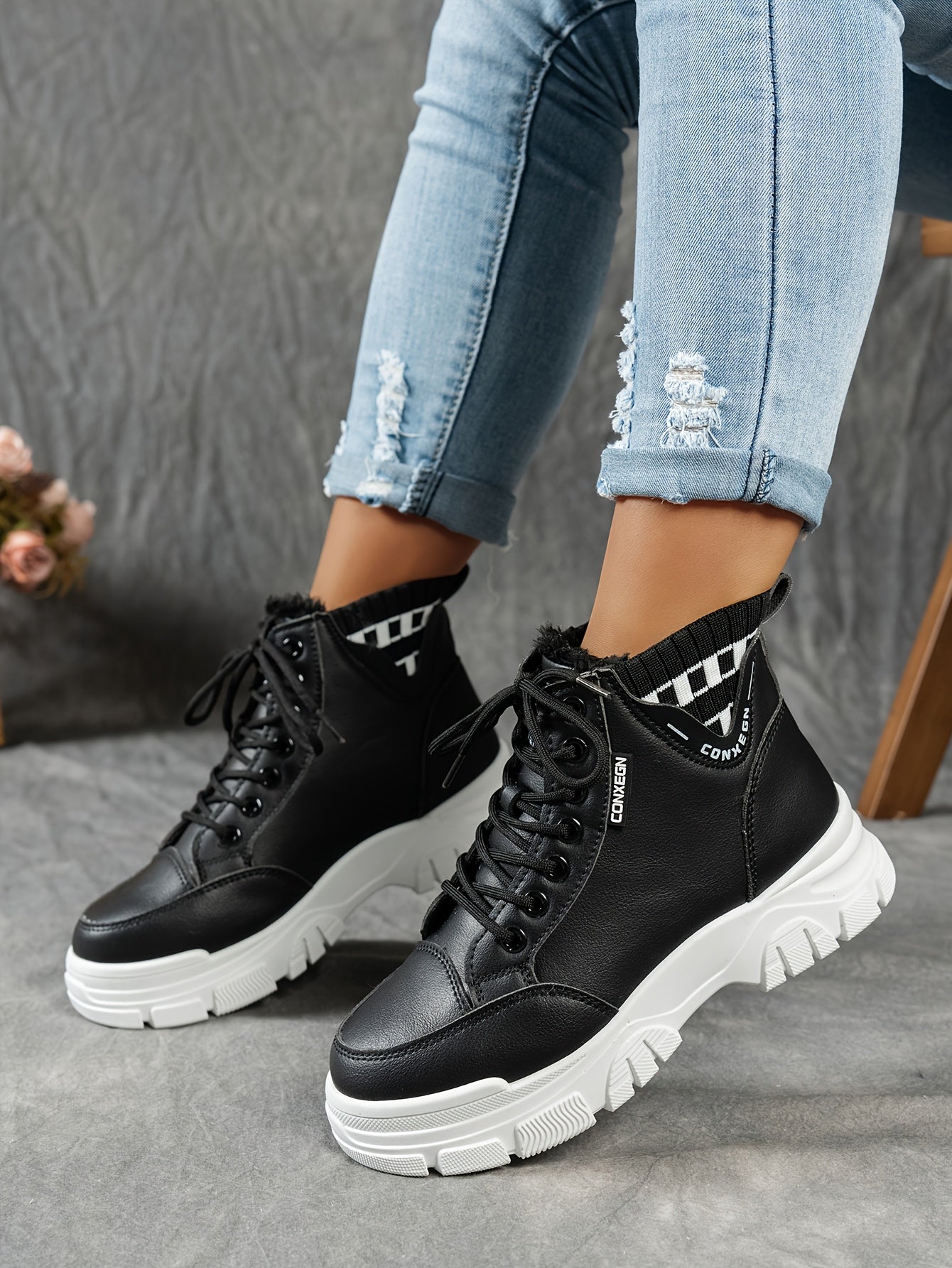 gfhfgjjfg Women's Casual High-Top Platform Ankle Boots with Lace-Up Closure, Thick Rubber Sole & Faux Cover Upper - Winter Warm Round Toe Boots for Casual Attire (Black/White/Beige), Comfortable Footwear, Durable Traction Foo