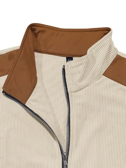 Men'S Long Sleeve Patchwork Fashion Warm Jacket, Corduroy Long Sleeve Warm Coat with Zipper Stand Collar Long Sleeve Casual Comfortable Autumn and Winter Style