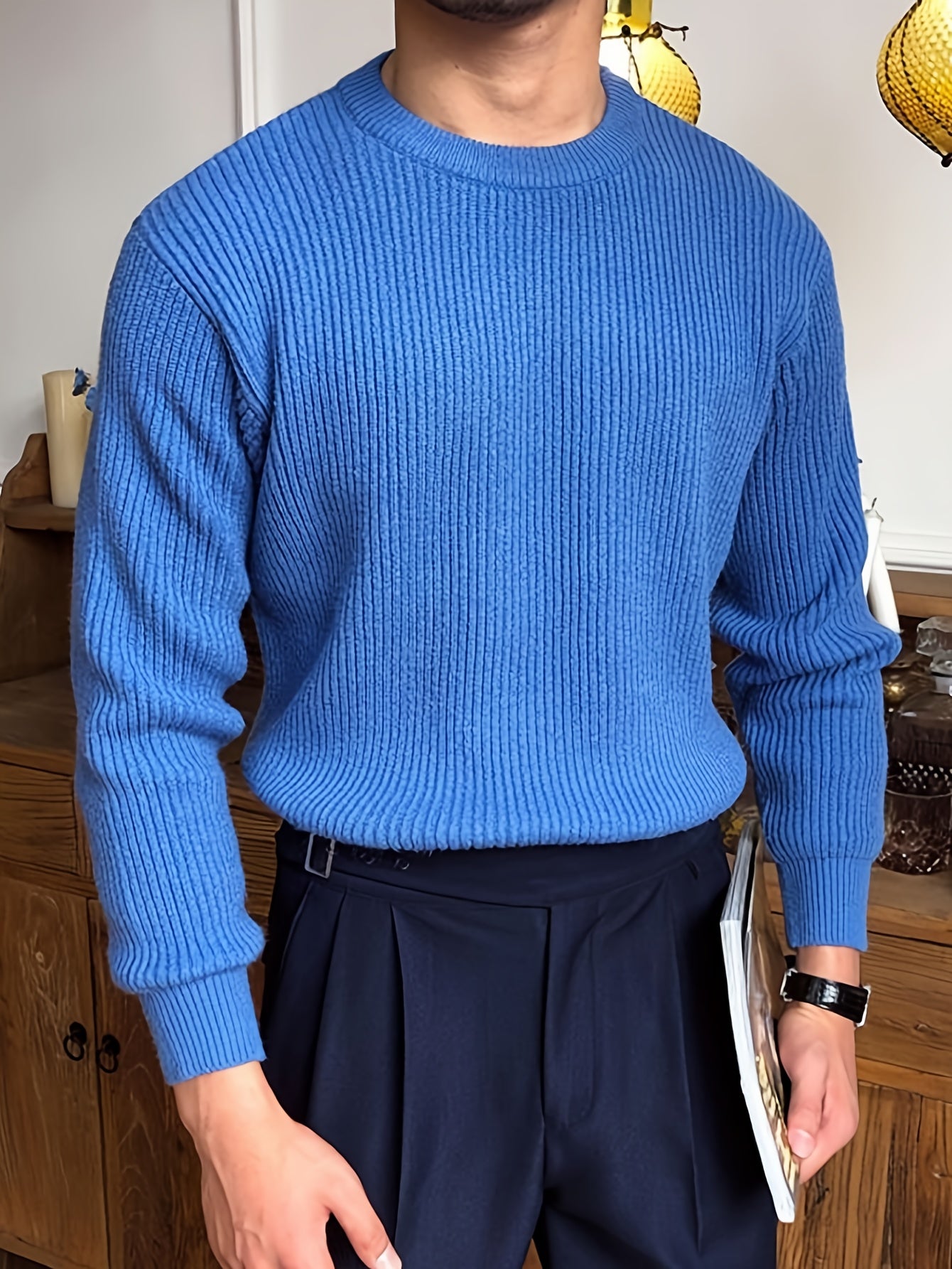 Բաց գույնի, հասուն ոճի աշուն/ձմեռ, հիմնական, տղամարդկանց համար, երկար թևքերով, առօրյա, բրիտանական, կլոր վզնոցով, տրիկոտաժե, բարձր օձիքավոր վերնաշապիկով