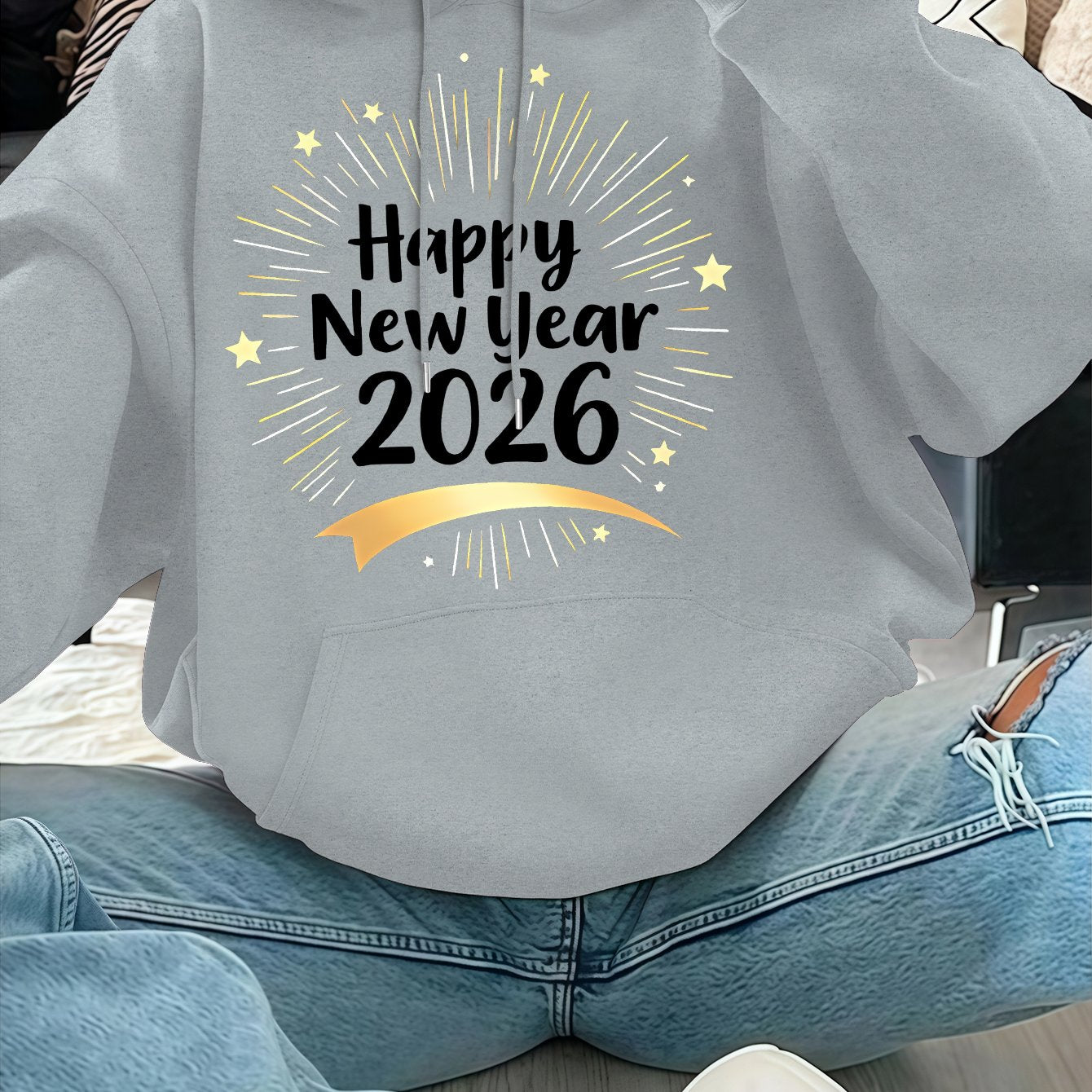 Women'S Pink "Happy New Year 51.46meter Print Hoodie - Cozy Casual Pullover with Golden Glittery Lettering, Long Sleeves, and Drawstring Hood, Perfect for Winter Celebrations, Winter Hoodie | Festive Print Hoodie | Stretchy F