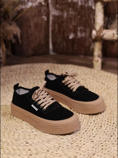 Women's Casual Lace-Up Shoes, Low-Top Round Toe, Black PVC Sole