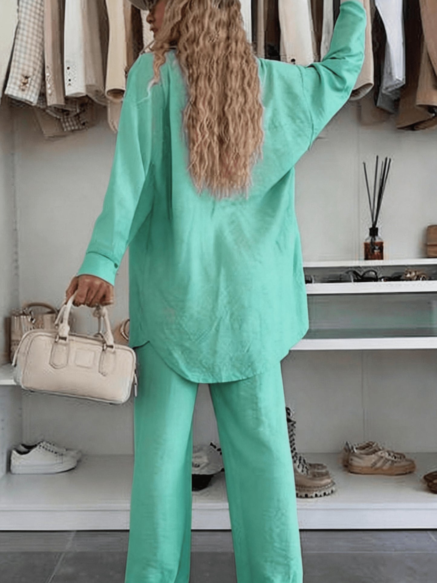 Women's Loose Shirt & Wide-Leg Pants Set - Elegant Polyester