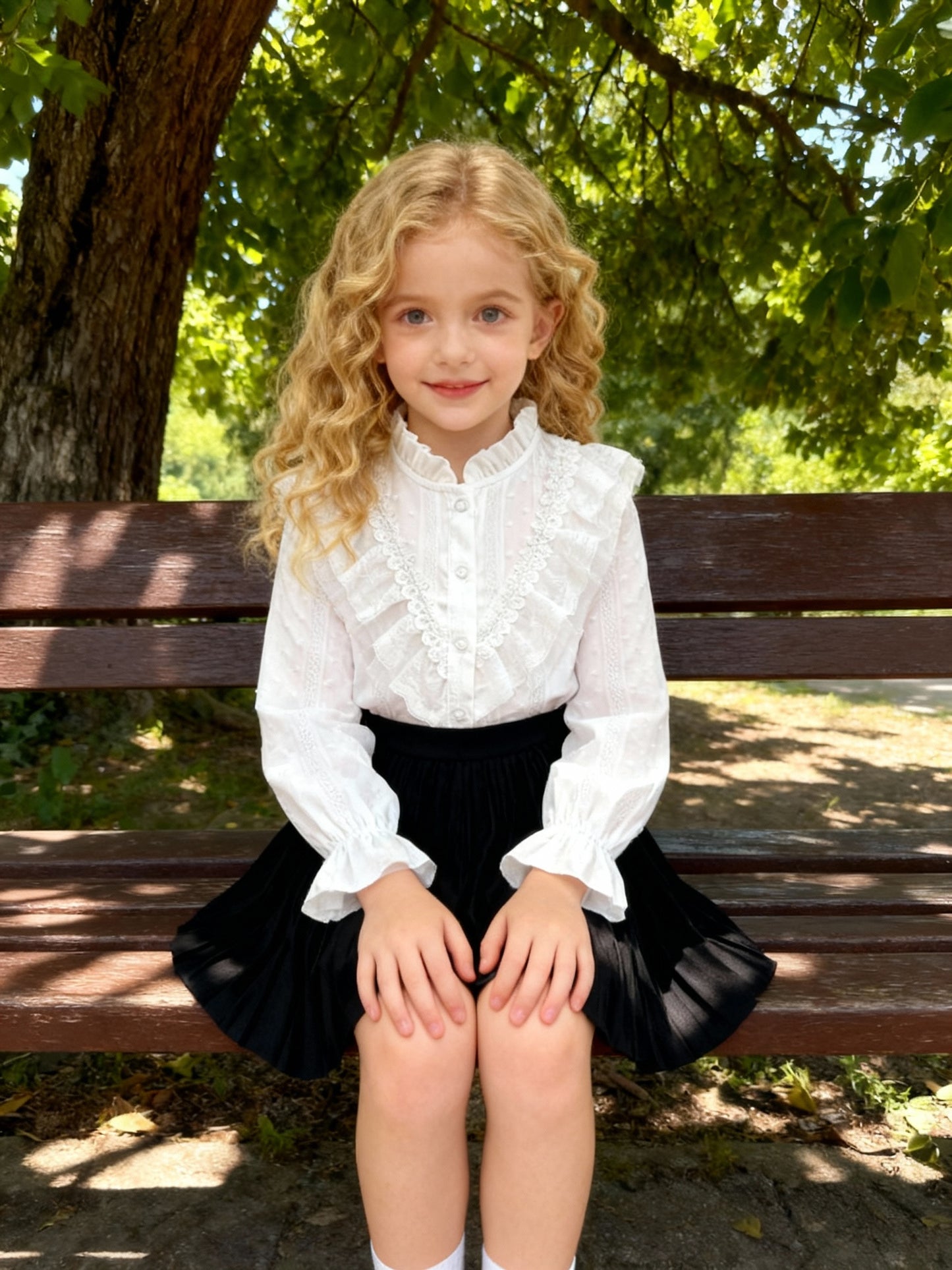 Girls' Cotton Shirt with Lace Trim and Stand Collar, Royal Style