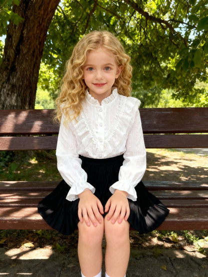 Girls' Cotton Shirt with Lace Trim and Stand Collar, Royal Style