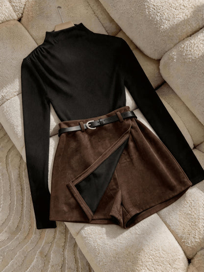 Women’s Elegant Two-Piece Set: Ribbed Sweater & Faux Suede Skirt
