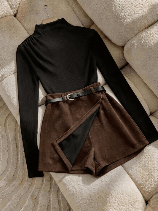 Women’s Elegant Two-Piece Set: Ribbed Sweater & Faux Suede Skirt