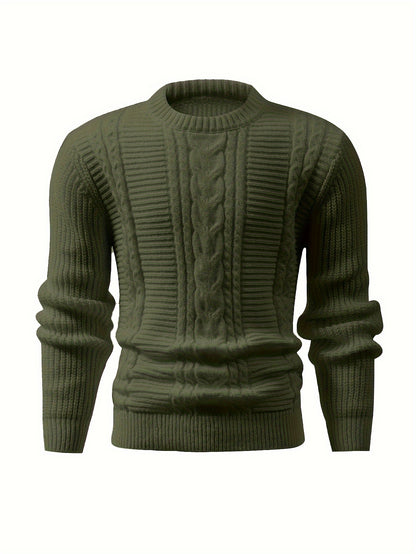 Men's Solid Color Ribbed Knit Sweater - High Elasticity Round Neck Long Sleeve, All-Season Comfort, Regular Fit Casual & Formal Wear, Easy Care Hand Wash/Dry Clean, Comfortable Fashion, Textured Fashion, Highelasticity Fabric