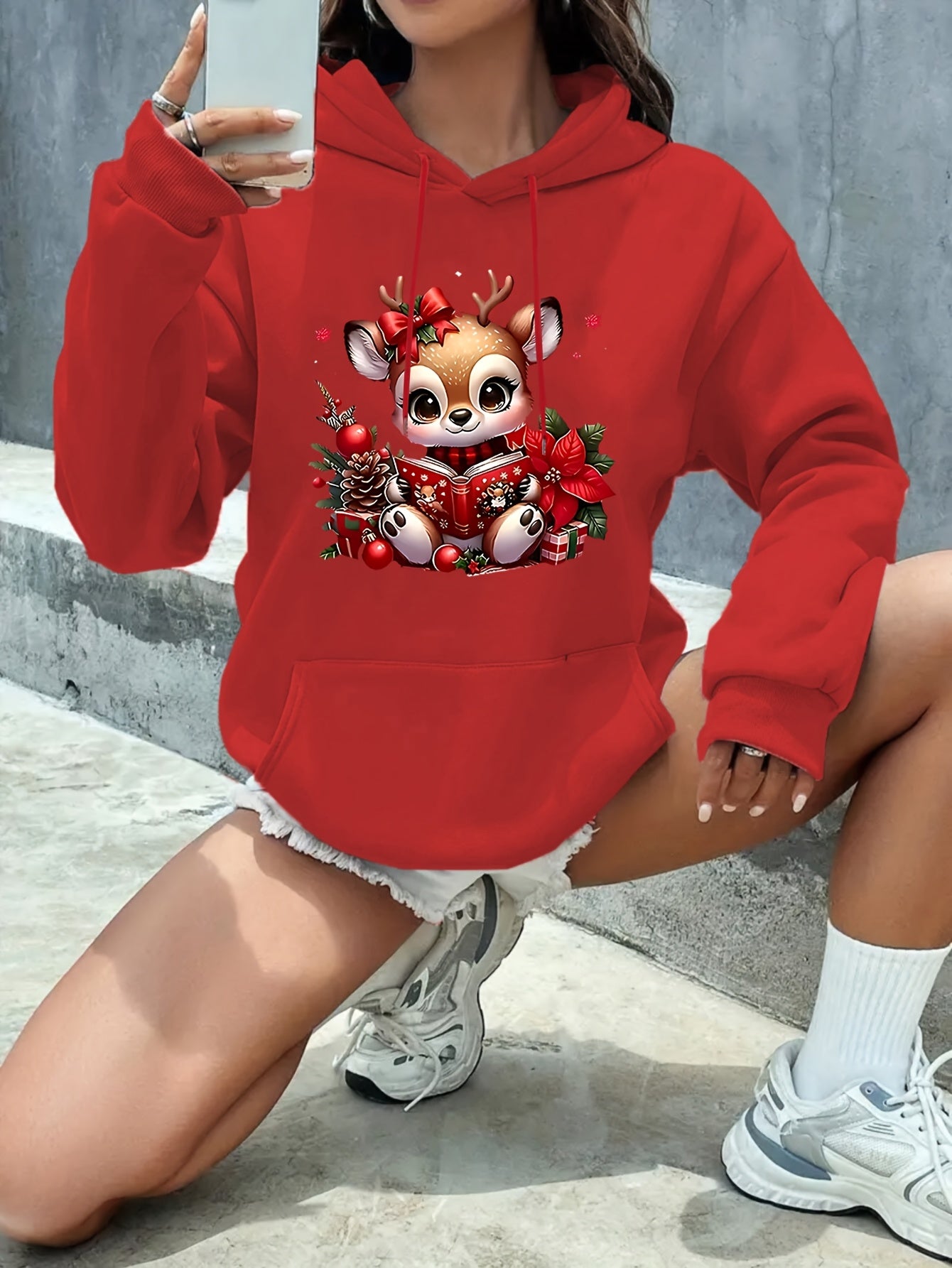 Women's Fashion Autumn/Winter Christmas Reindeer Print y Casual -Lined -Feel Hooded Sweatshirt
