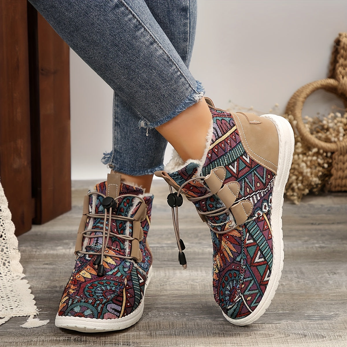 Կանացի հարմարավետ ձմեռային կոշիկներ - Հարմարավետ, սահելով հագնվող, միջին բարձրության կոշիկներ հաստ ներբանով, կլոր քթով, սպիտակ և սև ժանյակավոր դիզայնով - Իդեալական են ցուրտ եղանակի, ձյան և ձմեռային կոշիկների համար: