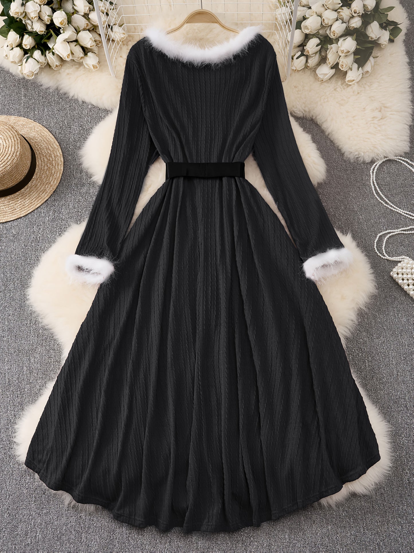 Plus Size - Plus Size, Women'S Elegant Formal Party Dress - Long Sleeve V-Neck with Adjustable Waist Belt, Flared Skirt - Elegant Evening Gown for Christmas, Galas, Weddings - Plus Size Friendly - Black Formal Attire, Formal