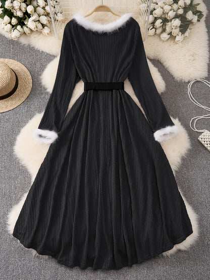 Plus Size - Plus Size, Women'S Elegant Formal Party Dress - Long Sleeve V-Neck with Adjustable Waist Belt, Flared Skirt - Elegant Evening Gown for Christmas, Galas, Weddings - Plus Size Friendly - Black Formal Attire, Formal