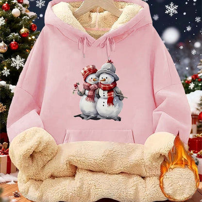 Women'S Winter Warmth Hooded Sweatshirt with Cute Snowman & Snowflake Print - Thick Fleece-Lined Long Sleeve Pullover, Cozy Casual Winter Sweater for Fall & Winter, Winter Sweatshirts, Seasonal Clothing, Playful Design, Soft