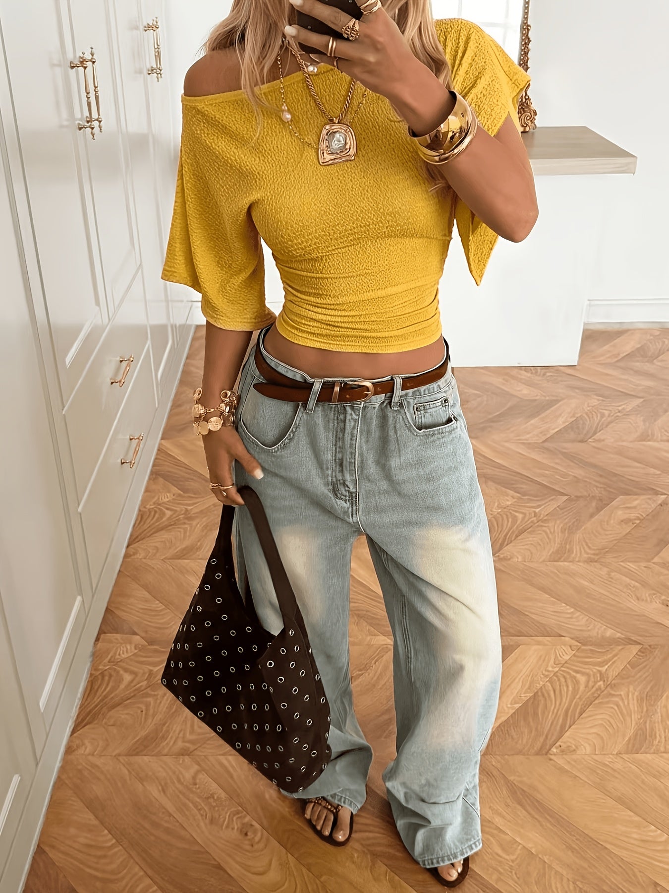 Elegant Women's Jacquard Batwing Sleeve Cinched Waist Top