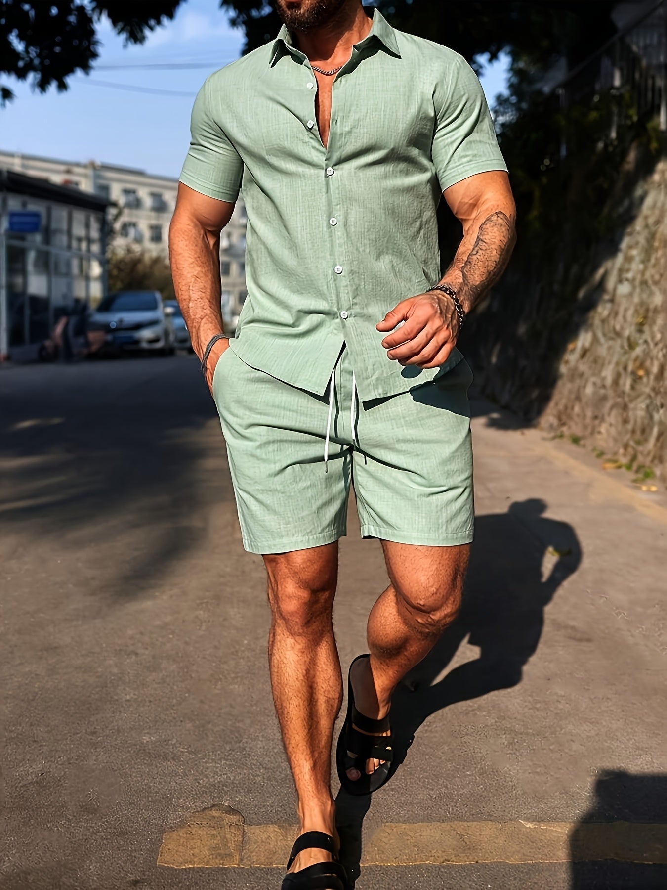 Men's Casual Solid Short Sleeve Shirt and Shorts Set