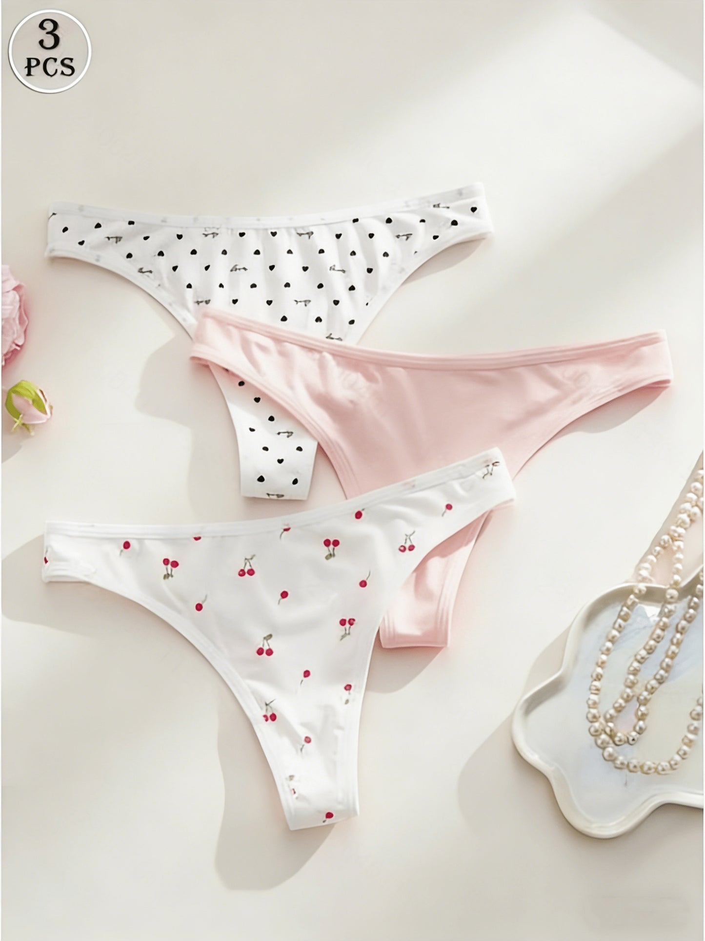 3pcs Women’s Cute Cherry Print Seamless Low Rise Thong Set