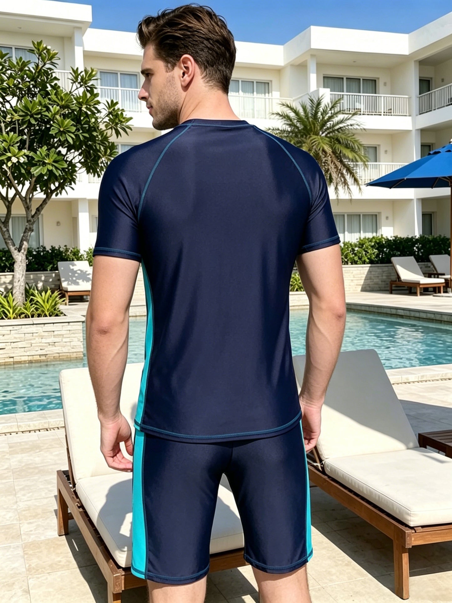 Men's Quick-Dry Colorblock Tropical Print Swim Set