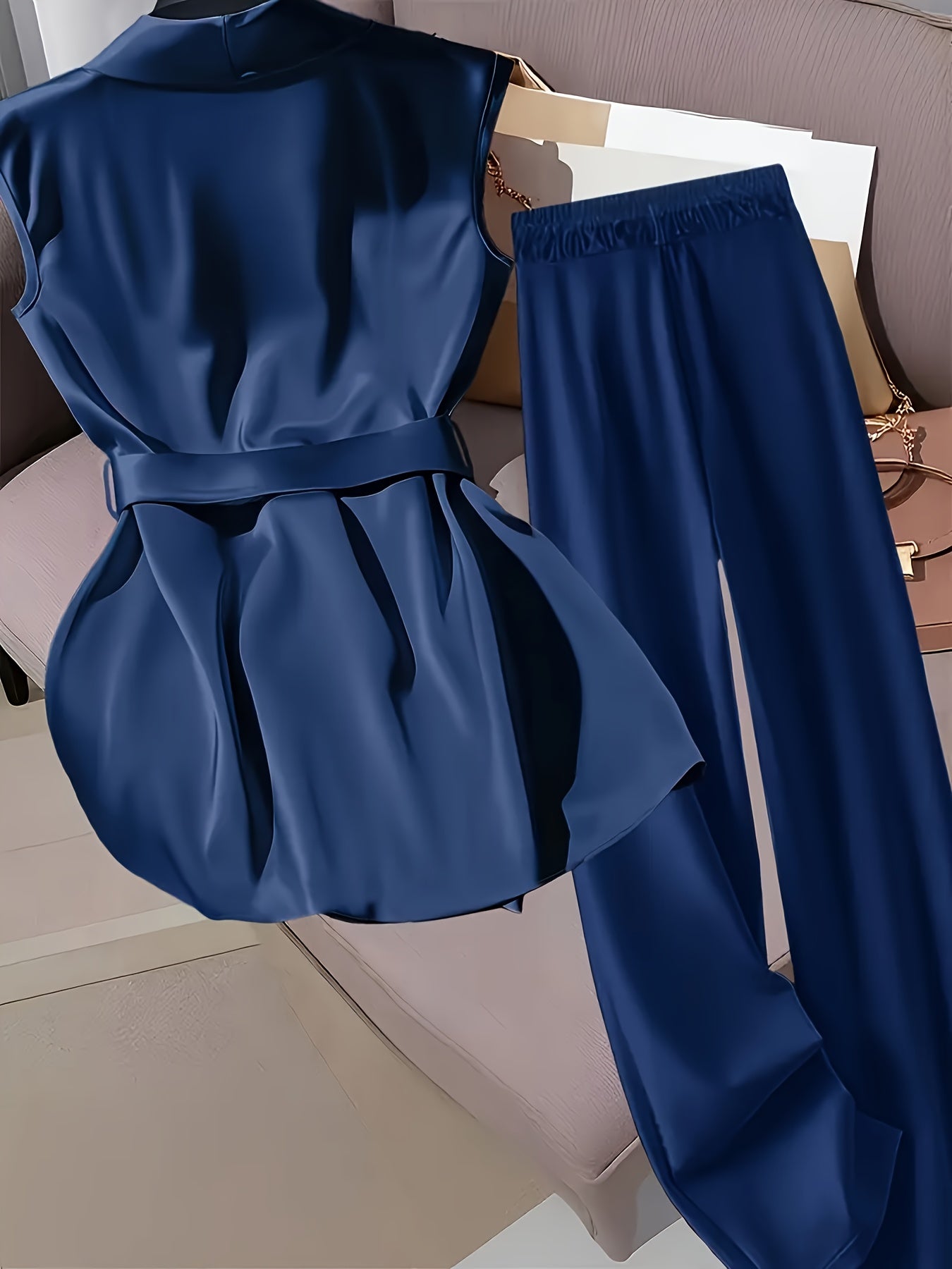 Elegant Navy Blue Satin Sleeveless Blouse & Wide-Leg Pants Set - Chic Belted Waist, High-Waisted Design, Smooth Texture, Perfect for Casual or Formal Occasions, Formal Attire | Belted Waist Blouse | Glossy Finish