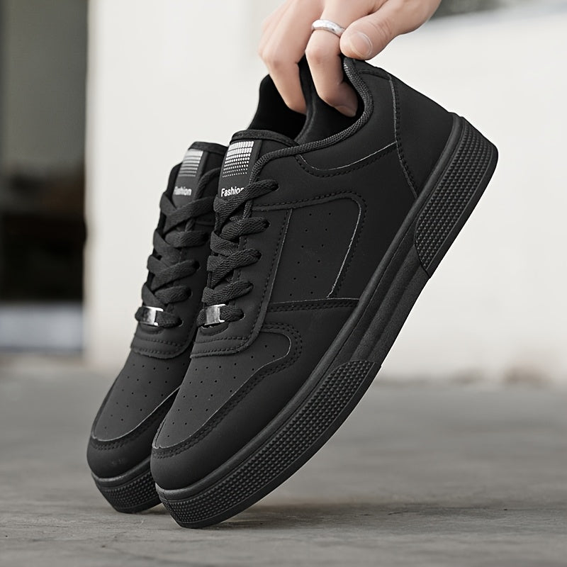 Breathable Skate Shoes - Sleek Black Low-Top Casual Sneakers with Durable PU Upper & PVC Sole, Comfortable Lace-Up Streetwear for Men and Women, All-Season