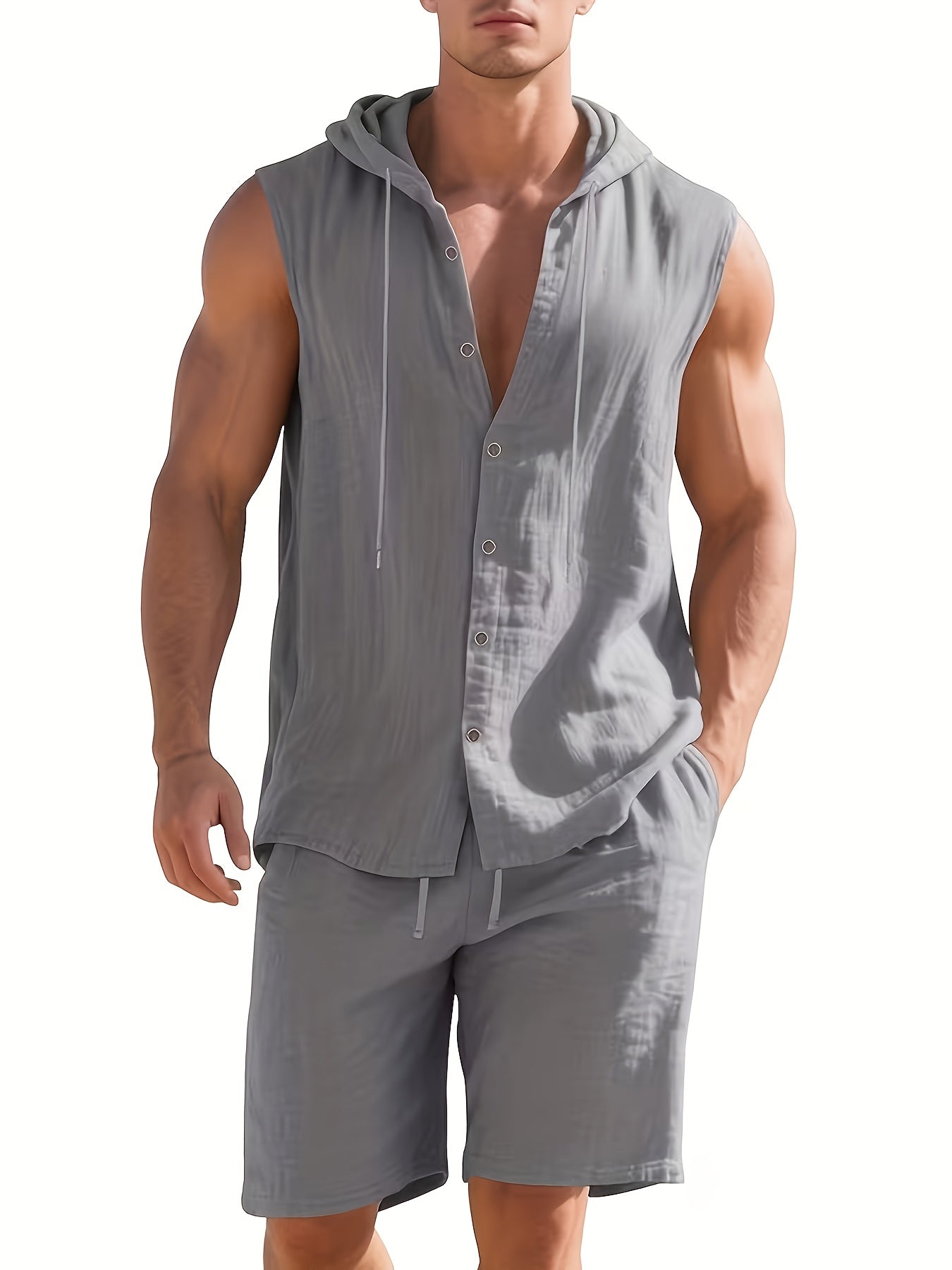 Men's Summer Linen Hooded Sleeveless Shirt & Shorts Set