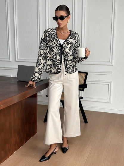 Women's Elegant Black & White Floral blazer - Tie-front closing, Non-Stretchy structure for Fall/Winter, Office, Party, Everyday Chic Jacket - Machine Washable Women's Outerwear, Party Attire, Sophisticated Design