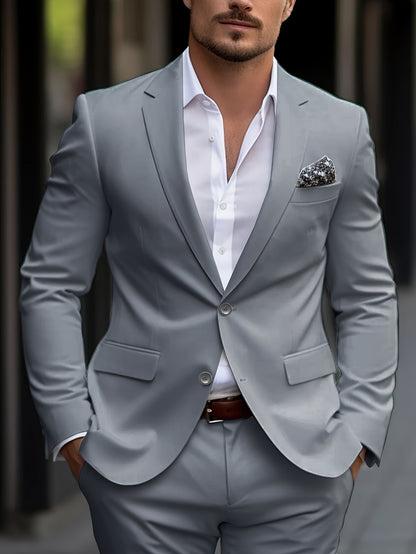 Men'S Solid Color Polyester Work Suit - Classic Lapel Collar, Non-Stretch Fabric, Long Suit Sleeves, Four-Season Versatility, Button-Front Jacket with Pants - Regular Fit Woven Suit Set (80% Polyester, 20% Viscose)