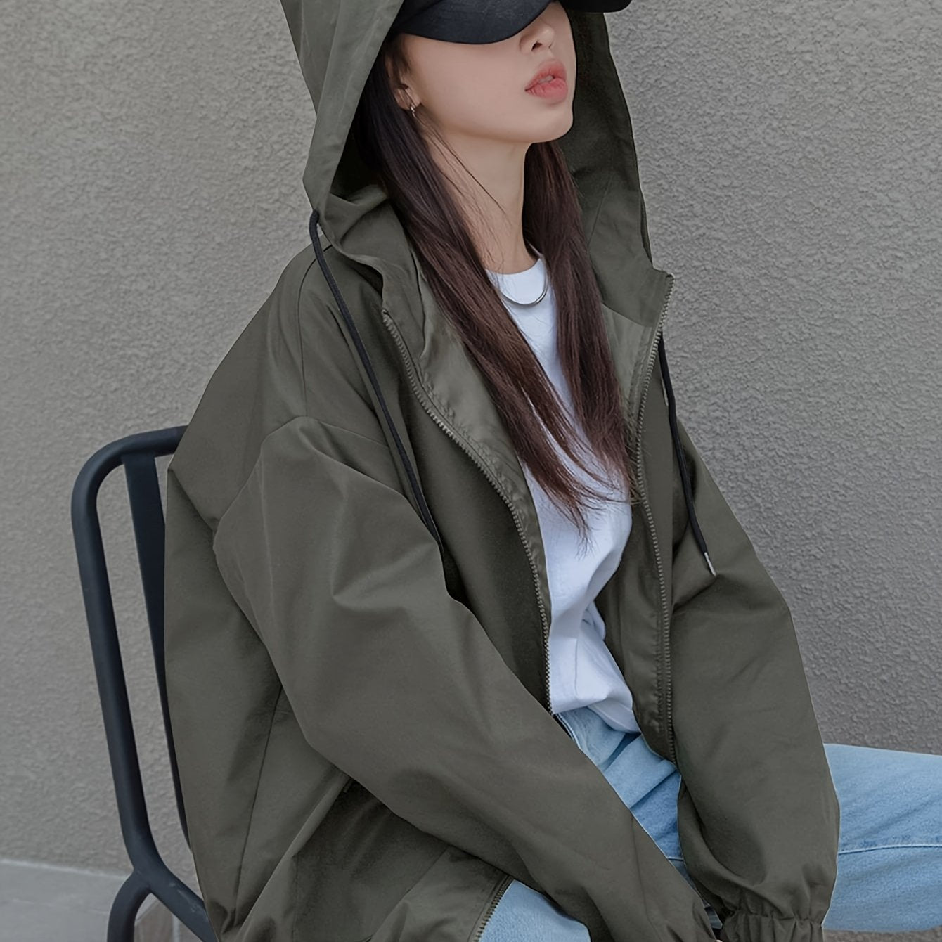 Women's Casual Hooded Jacket - Academic Style Double Pocket Zipper Front, Adjustable Drawstring Hood, Solid Color, Machine Washable Spring/Fall Outerwear for Everyday Comfort, Fall Clothing, Classic Design, Quality Stitching,