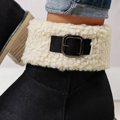 Chunky And Clssic Women'S Ankle Boots, Comfortable And Elegent Woemen Shoes. Warmth Khaki、Black And Beige Winter Women' Boots. Solid-Colored. Fleece-Lined Boots, Heighten And Non-Slip Lighhtweight Shoes with Cute Round Toe.