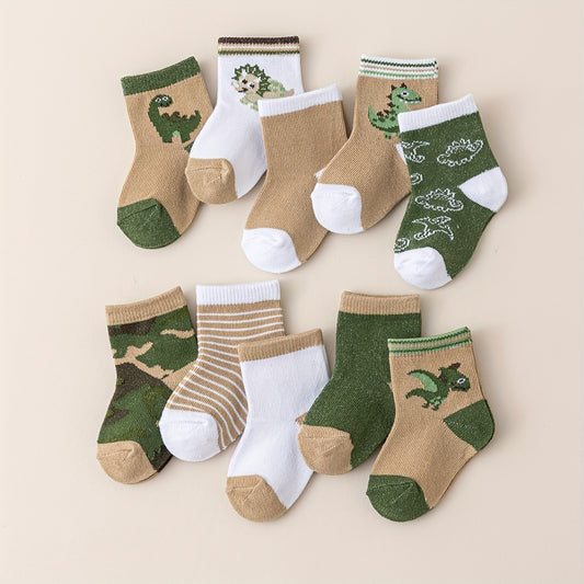 10 Pairs of Cute Baby Socks with Dinosaur Designs - Perfect for Little Boys - Machine Washable - Made of Polyester And Elastane - Suitable for Ages 0-12 - Seasonal - Socks - Knit Fabric