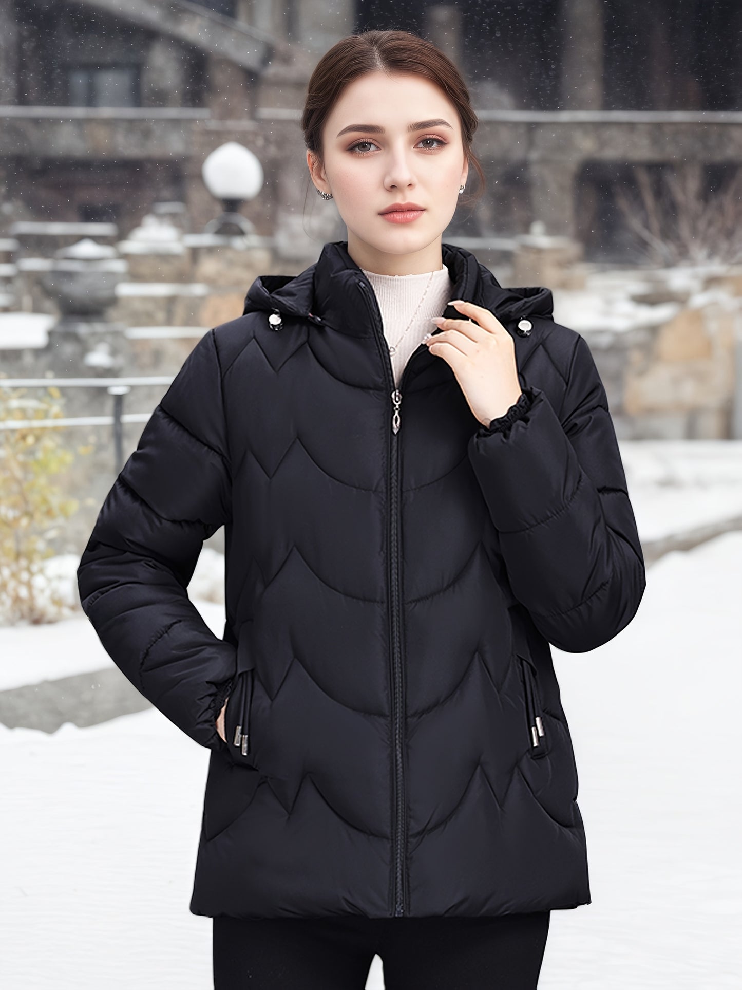 Կանացի էլեգանտ սև ձմեռային փքված բաճկոն՝ երկար թևքերով, կայծակաճարմանդով, առօրյա ոճով՝ ուլունքազարդ դետալներով, իդեալական է ձյունառատ օրերի համար, առօրյա ձմեռային հագուստի համար | Կայծակաճարմանդով բաճկոն | Գործնական գրպաններ