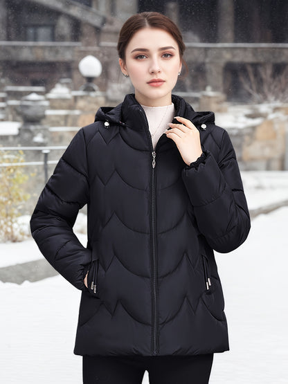 Կանացի էլեգանտ սև ձմեռային փքված բաճկոն՝ երկար թևքերով, կայծակաճարմանդով, առօրյա ոճով՝ ուլունքազարդ դետալներով, իդեալական է ձյունառատ օրերի համար, առօրյա ձմեռային հագուստի համար | Կայծակաճարմանդով բաճկոն | Գործնական գրպաններ