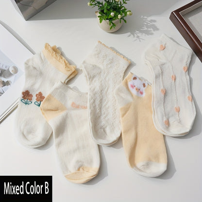 Women's Cute Cartoon Cotton Ankle Socks - 5 Pairs Set, 80% Cotton 20% Elastane, Solid Color & Patterned Designs, Breathable Knit Fabric, Sweat-Absorbent for Spring & Summer