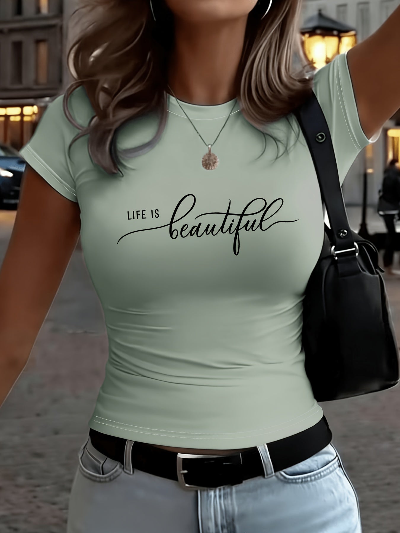 Slim Fit LIFE IS Beautiful Letter Print T-Shirt for All Seasons - ayq