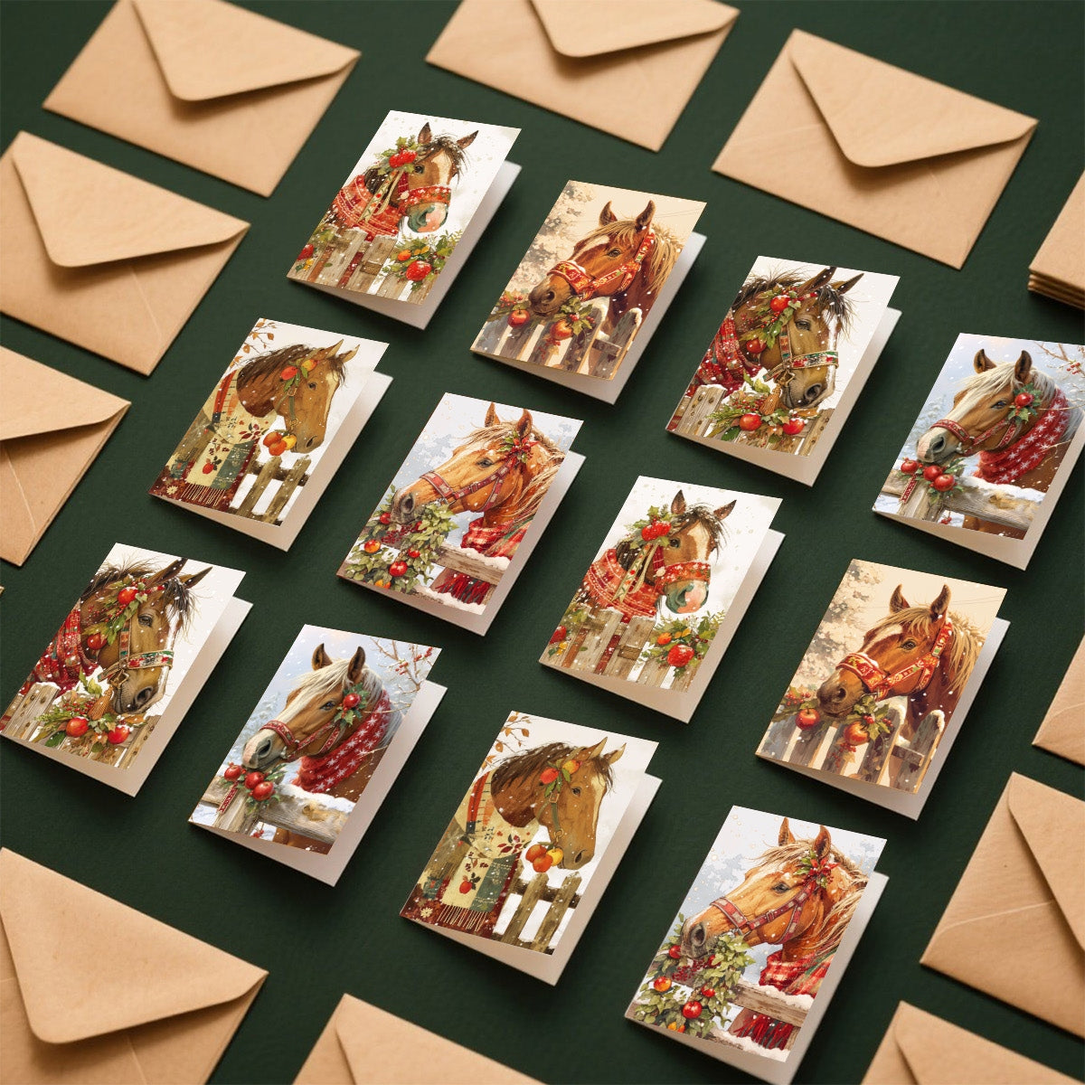 1set/12pcs/24pcs Christmas Horse Pattern Greeting Cards with Envelopes, Folded 9*13cm, 3.54*5.11in; Unfold 18*13cm 7.08*5.11in, 9 Sheets per Set, Christmas Cards With Envelopes, Funny Christmas Cards, Cards For All Occasions
