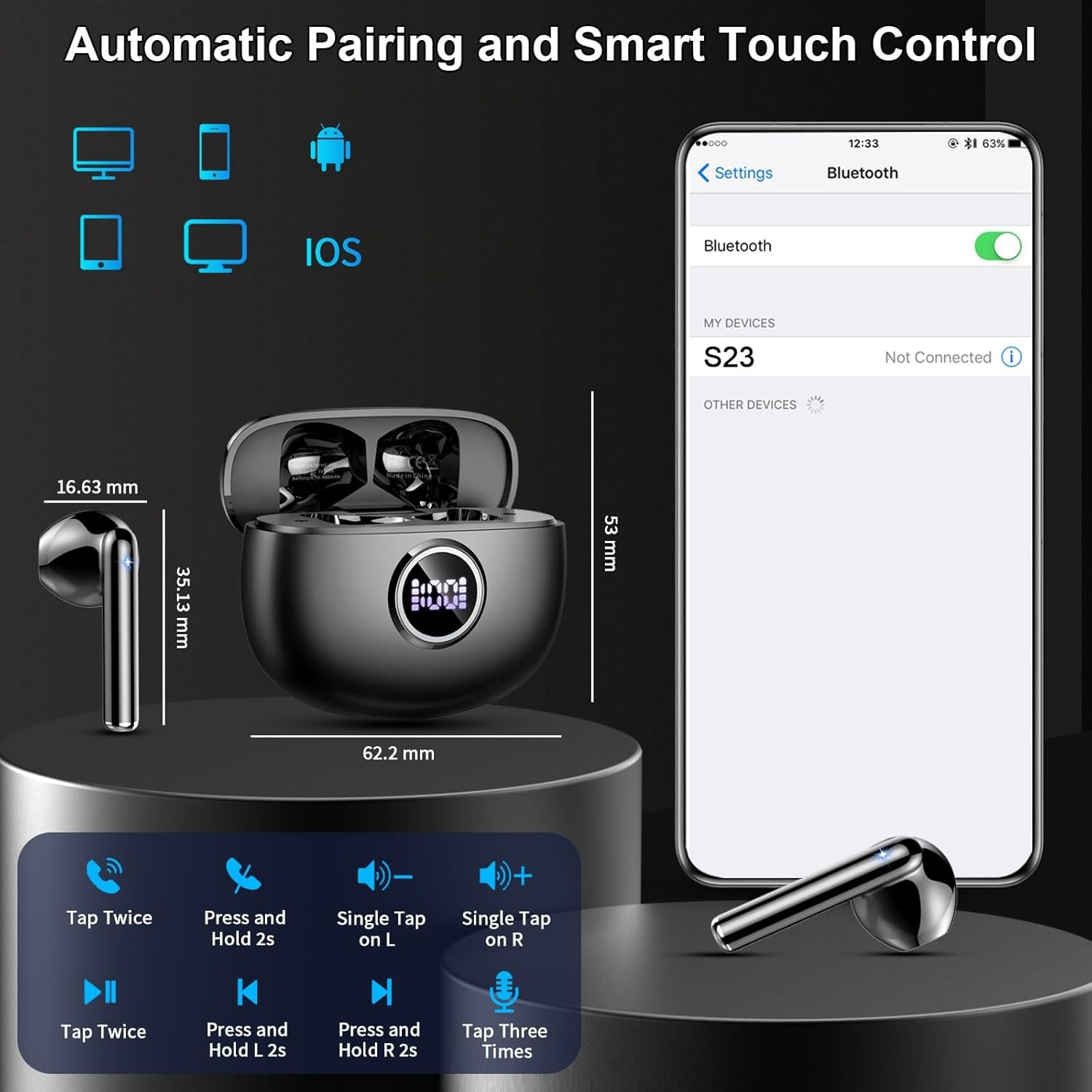 Wireless Earbuds, Bluetooth Headphones 5.3 Stereo Bass Ear Buds with ENC Noise Cancelling Mics, 40H Playtime Bluetooth Earbuds with LED Display, IP7 Waterproof in Ear Earphones for Android Ios, Black