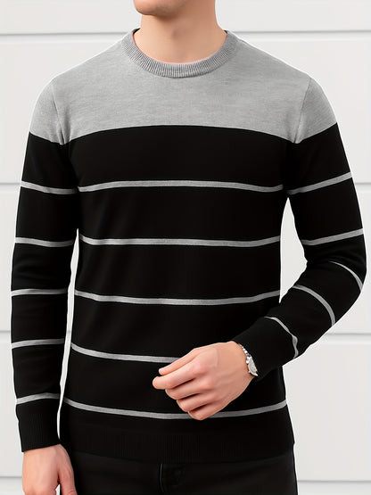 Men'S All-Season Knit Sweater - Soft Stretchy Pullover with Black & Grey Horizontal Stripes, Anti-Pilling Fabric for Everyday & Formal Wear - Year-Round Layering Essential for Office, Casual Outfits, Sweater, Office Attire, C