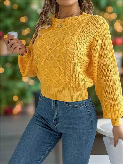 Elegant Cable Knit Sweater for Women - Casual Long Sleeve, Round Neck Pullover in Solid Color, Perfect for Fall/Winter