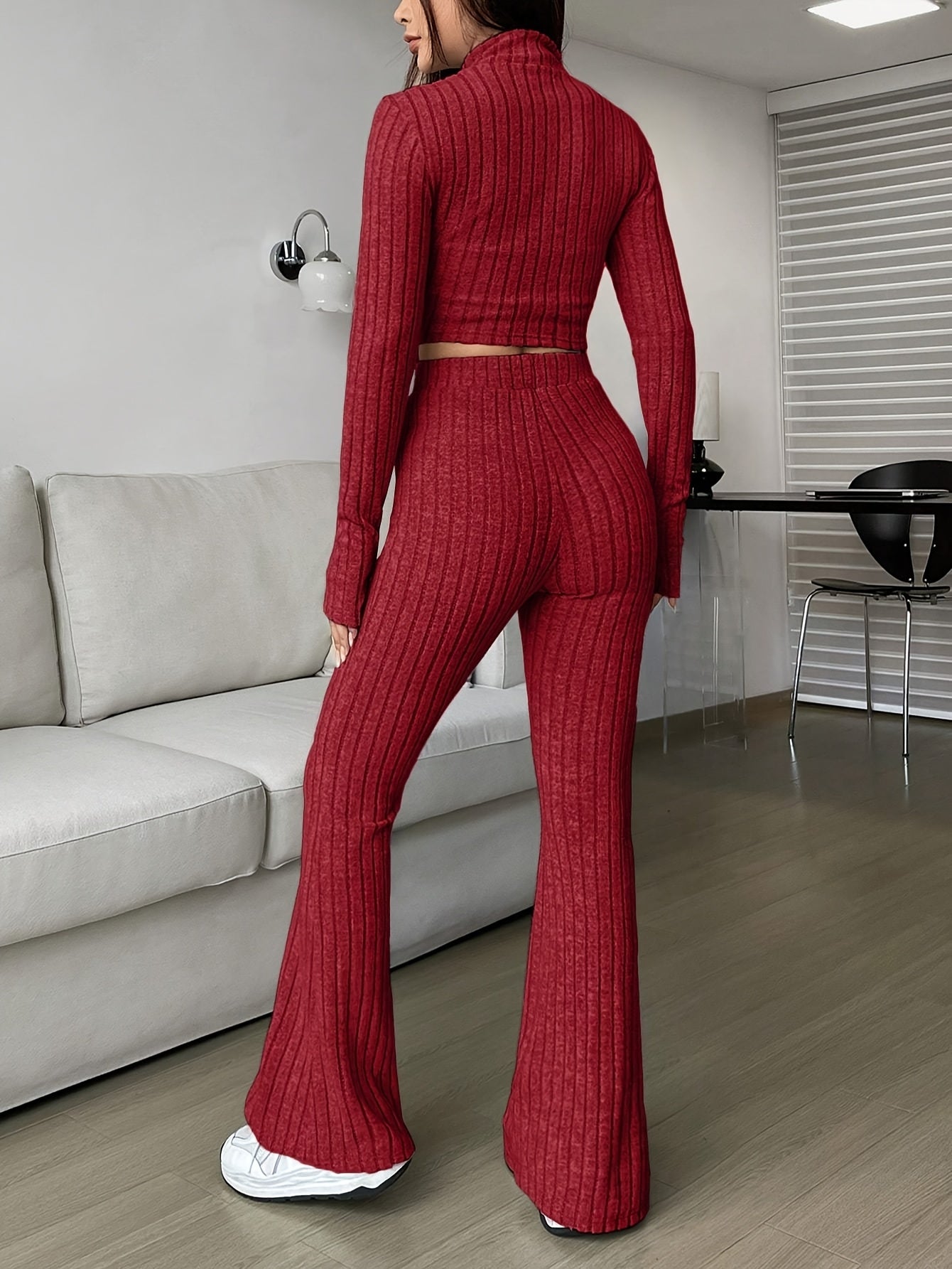 Elegant Zipper Cardigan & Wide Leg Pants Two-Piece Set