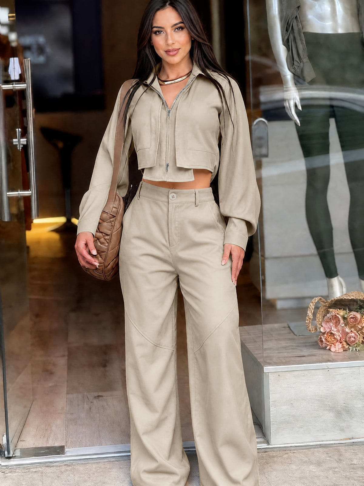 Women’s Two-Piece Zipper Top & High-Waist Wide-Leg Pants Set - ayq