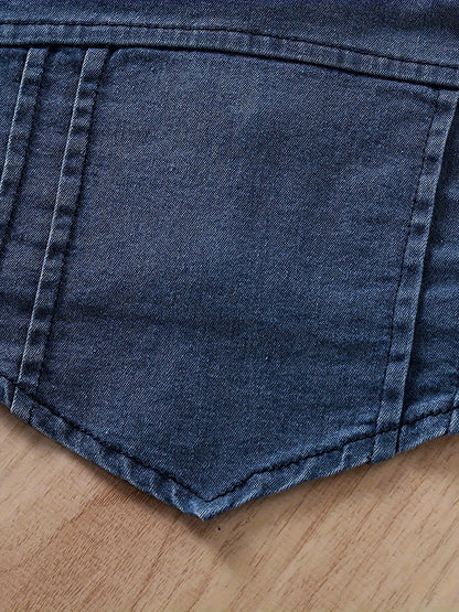 Relaxed Fit, Chic Girl's Denim Outfit Set - անթև վերնաշապիկ և բարձր գոտկատեղով բացված շալվար գոտիով, բամբակյա խառնուրդ, լվացվող մեքենայում, կատարյալ դրսում
