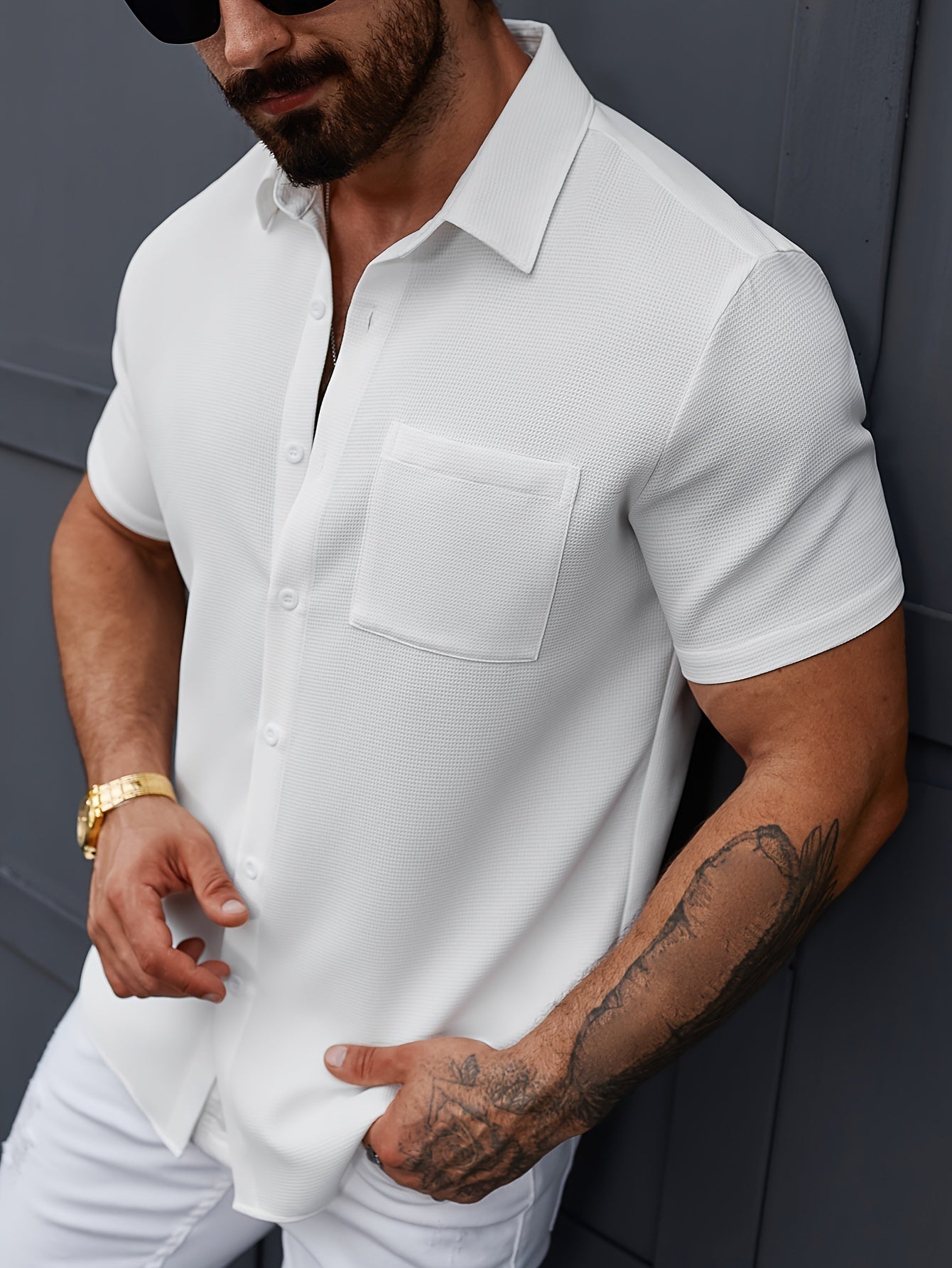 Men's Casual Button- Shirt - Short Sleeve, White, Polyester, Classic Collar with Chest Pocket, Machine Washable, Perfect for Summer Outings, Parties, and Casual Attire, Everyday Buttonup | Versatile Casualwear | Nonstretch Ma