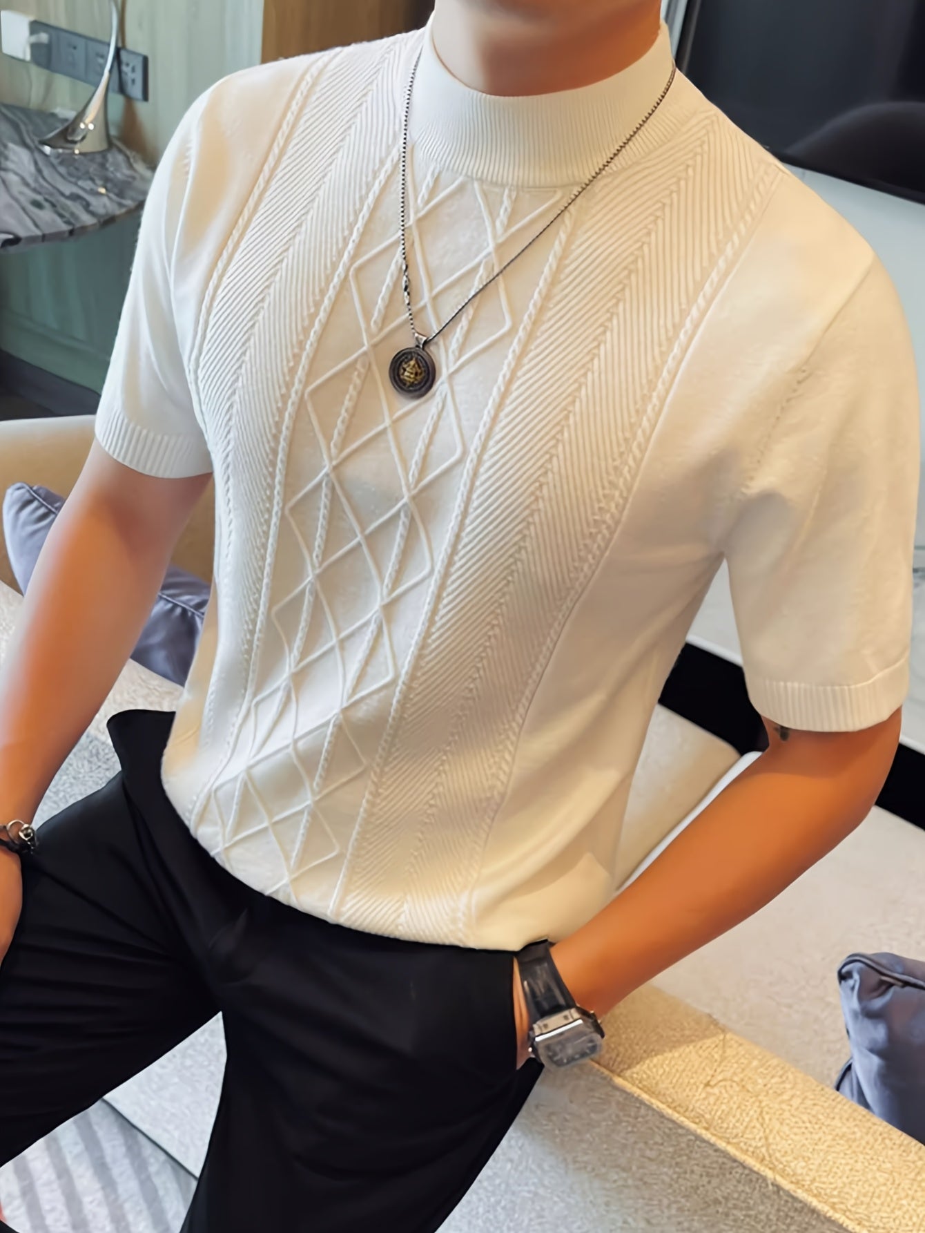 Men's New Solid Color Rhombus Fashion Semi-High Neck Knit Sweater, Spring/Summer Casual Short Sleeve Knit Top - ayq