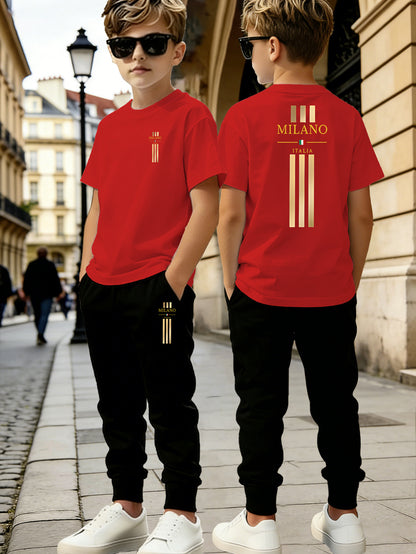 Boys' Casual Short Sleeve & Long Pants Set with Geometric Print